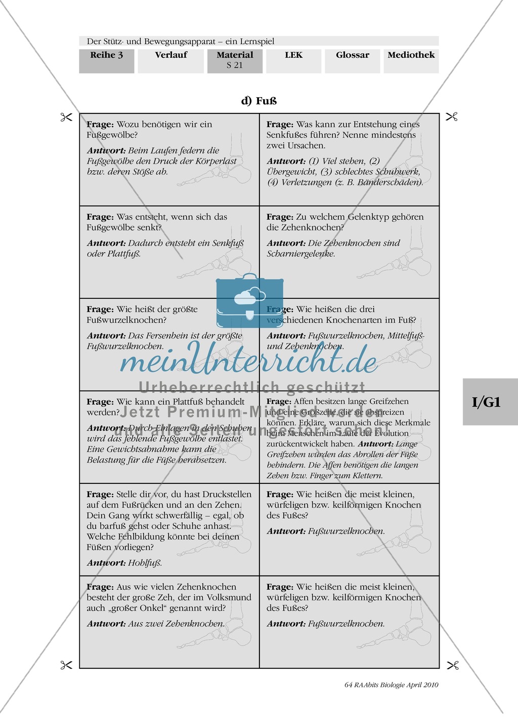 Lernspiel zum Stütz- und Bewegungsapparat: Spielanleitung, Spielfeld, Skelett-Puzzleteile, Fragen, Spielkarten, Röntgenbilder Kontrollbogen, Lösungsbogen Preview 20