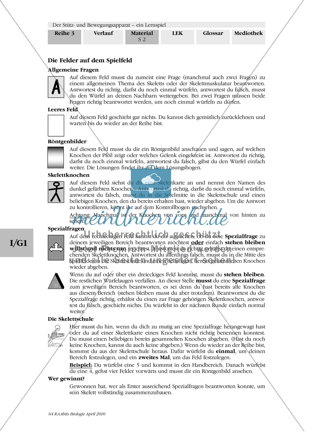 Lernspiel zum Stütz- und Bewegungsapparat: Spielanleitung, Spielfeld, Skelett-Puzzleteile, Fragen, Spielkarten, Röntgenbilder Kontrollbogen, Lösungsbogen Preview 2