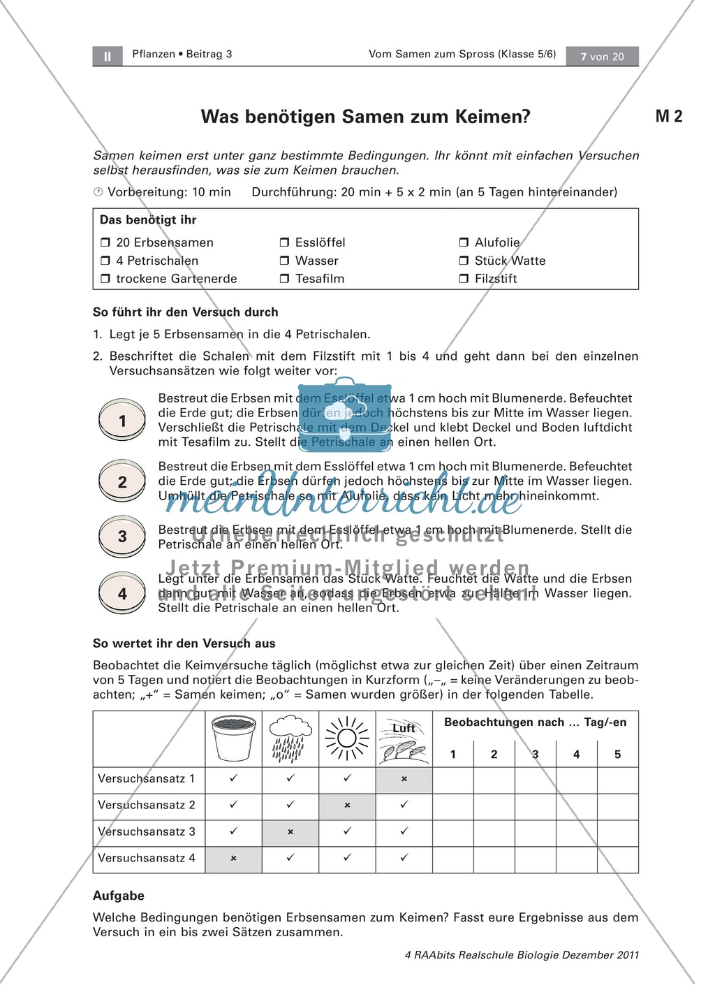Keimungsbedingungen von Pflanzensamen: Text, Versuch Preview 2