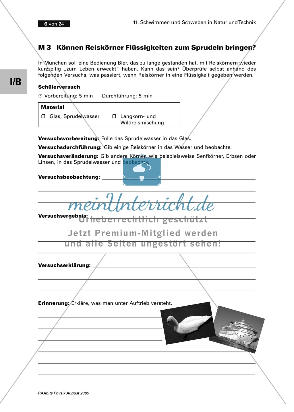Schwimmen und Schweben in Natur und Technik: Bilder + Schülerversuche: Unterschied Salzlösung und reines Wasser + Können Reiskörner Flüssigkeiten zum Sprudeln bringen? + Der verrückte Korken Preview 4