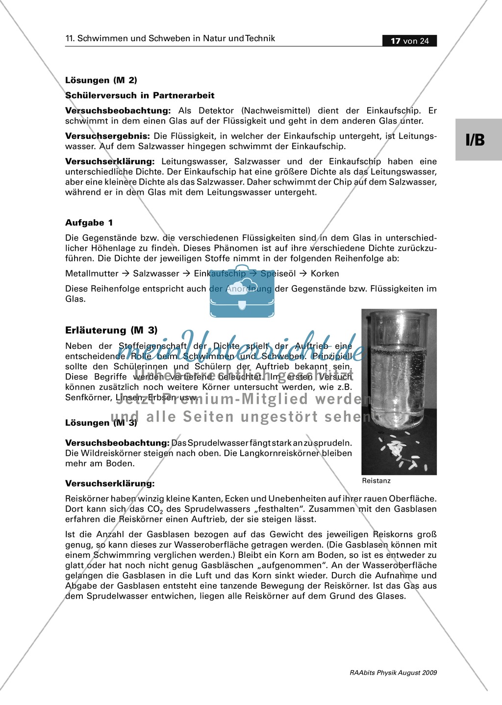 Schwimmen und Schweben in Natur und Technik: Bilder + Schülerversuche: Unterschied Salzlösung und reines Wasser + Können Reiskörner Flüssigkeiten zum Sprudeln bringen? + Der verrückte Korken Preview 7