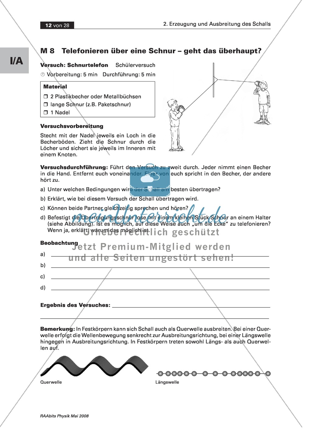 Telefonieren über eine Schnur - geht das überhaupt?: Arbeitsblatt + Schülerversuch Preview 1