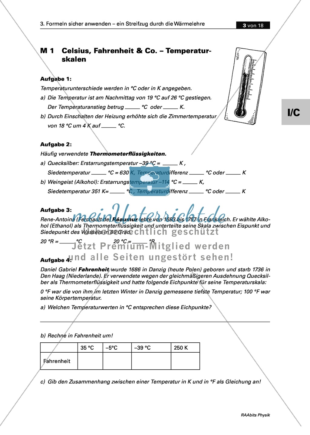 Wärmelehre - Arbeiten mit Formeln: Temperaturskalen, Wärmeausdehnung und Gasgesetz. Mit Aufgaben und Lösungen. Preview 1