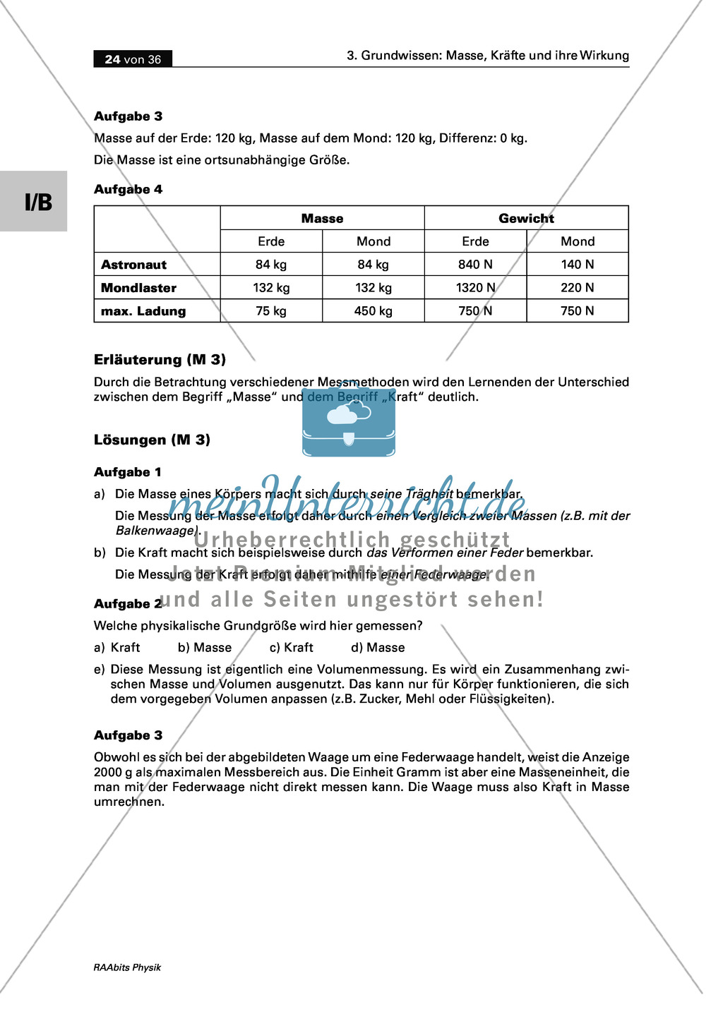 Mechanik: Erarbeitung des Unterschieds zwischen Masse und Gewichtskraft mit Aufgaben und Lösungen und Selbstbau von Messgeräten. Preview 12