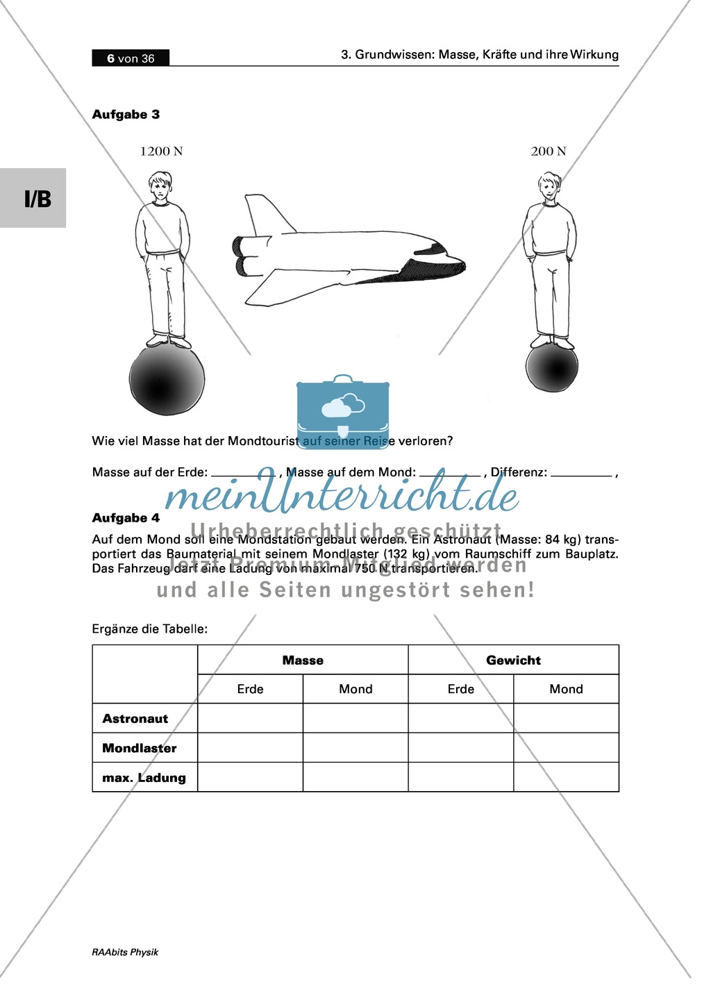 Mechanik: Erarbeitung des Unterschieds zwischen Masse und Gewichtskraft mit Aufgaben und Lösungen und Selbstbau von Messgeräten. Preview 3