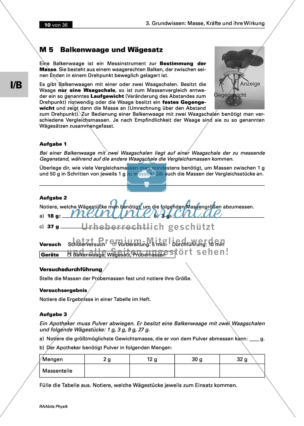 Mechanik: Erarbeitung des Unterschieds zwischen Masse und Gewichtskraft mit Aufgaben und Lösungen und Selbstbau von Messgeräten. Preview 7