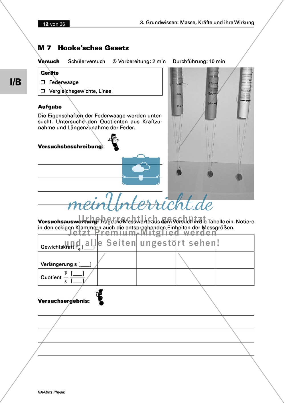 Mechanik: Erarbeitung des Unterschieds zwischen Masse und Gewichtskraft mit Aufgaben und Lösungen und Selbstbau von Messgeräten. Preview 9
