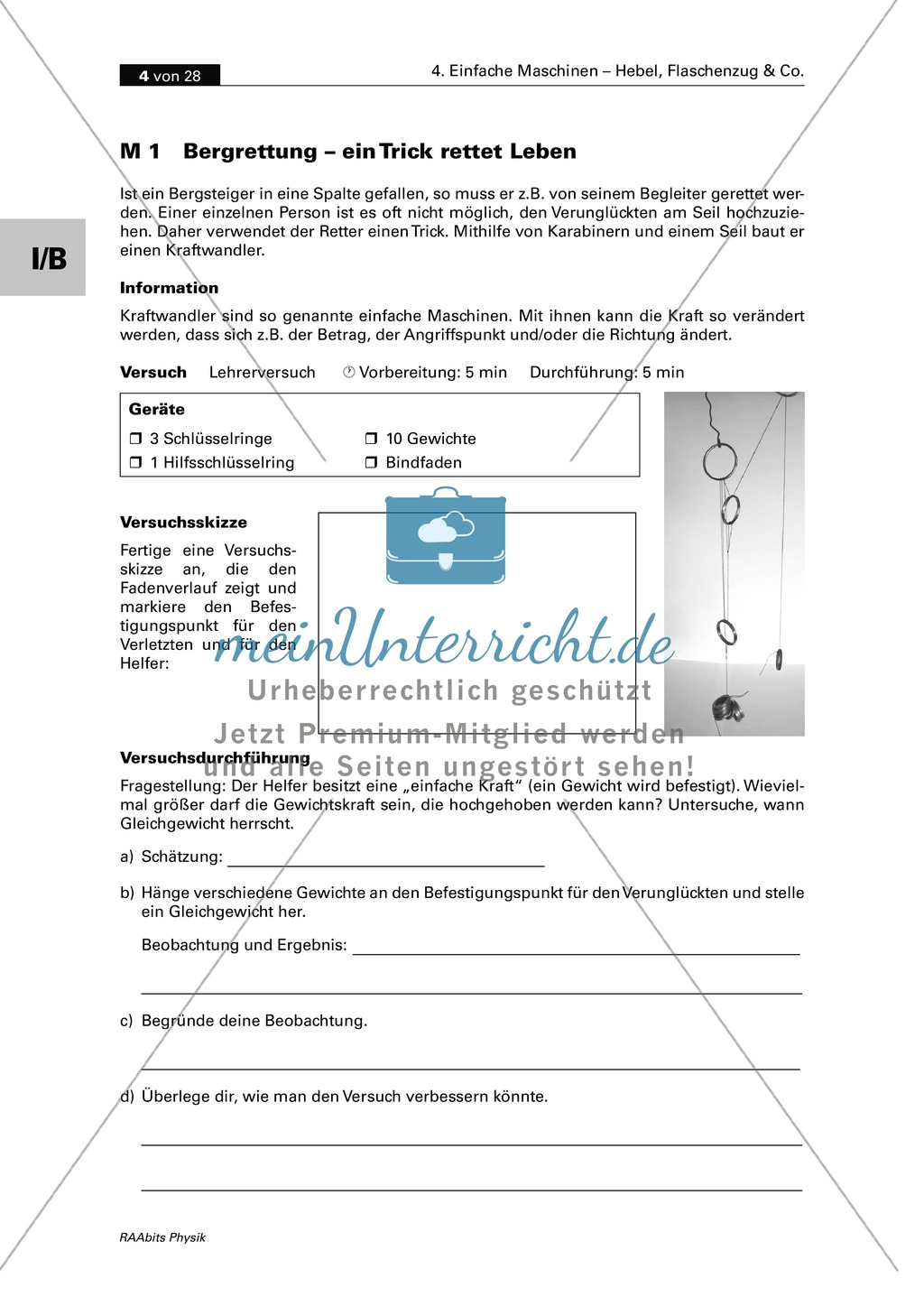 Mechanik: Anwendung von Kraftwandlern und Hebel im Alltag. Mit Experimenten, Aufgaben und Lösungen. Preview 1