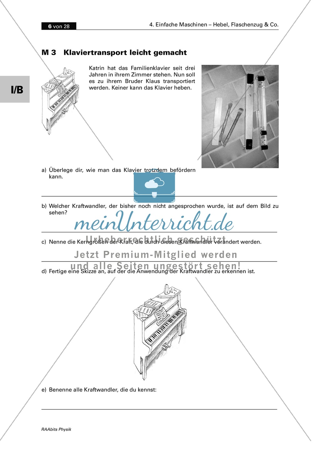 Mechanik: Anwendung von Kraftwandlern und Hebel im Alltag. Mit Experimenten, Aufgaben und Lösungen. Preview 3