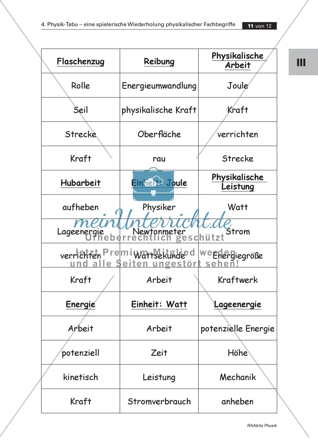 Tabuspiel zu Fachbegriffen der Optik, Akustik, Magnetismus, Elektrizitätslehre und Mechanik. Mit Spielanleitung und Kopiervorlagen. Preview 10