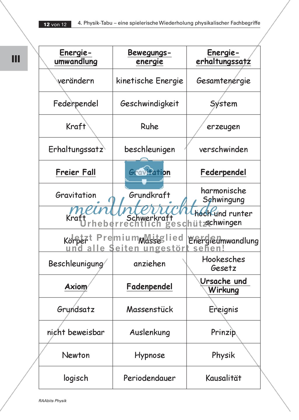 Tabuspiel zu Fachbegriffen der Optik, Akustik, Magnetismus, Elektrizitätslehre und Mechanik. Mit Spielanleitung und Kopiervorlagen. Preview 11
