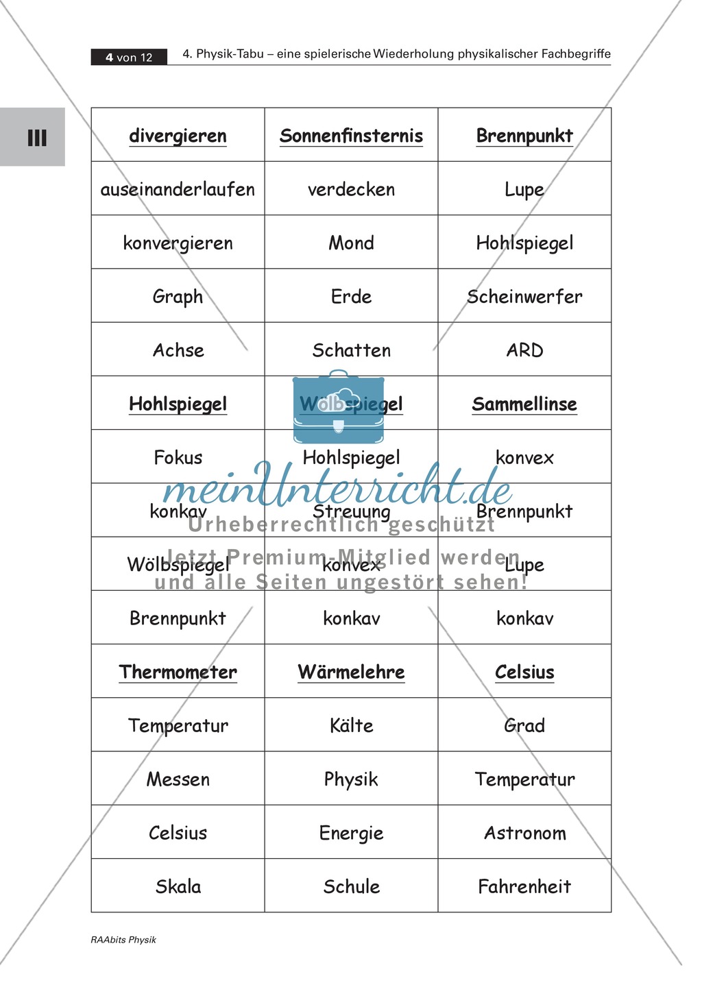 Tabuspiel zu Fachbegriffen der Optik, Akustik, Magnetismus, Elektrizitätslehre und Mechanik. Mit Spielanleitung und Kopiervorlagen. Preview 3
