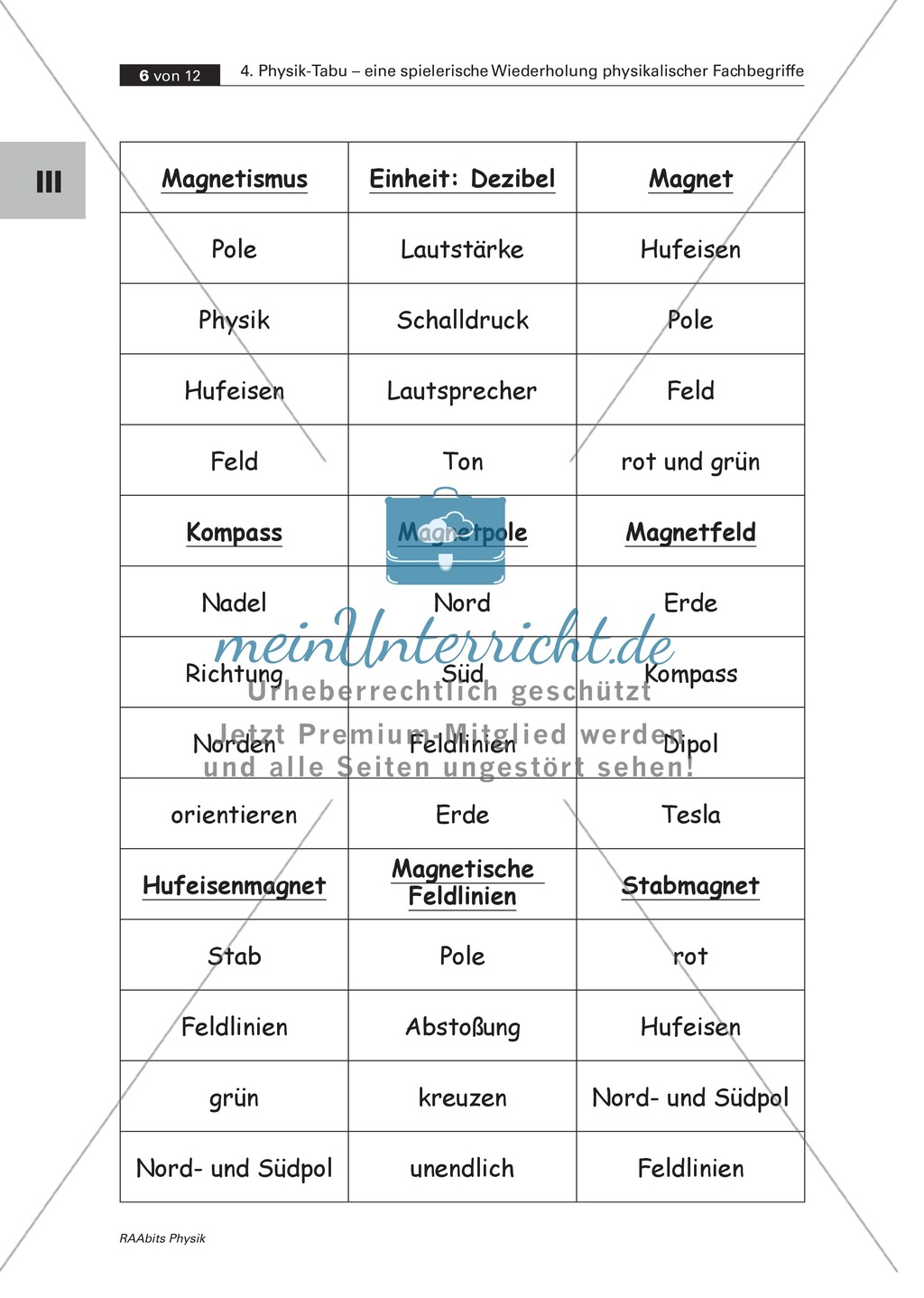 Tabuspiel zu Fachbegriffen der Optik, Akustik, Magnetismus, Elektrizitätslehre und Mechanik. Mit Spielanleitung und Kopiervorlagen. Preview 5
