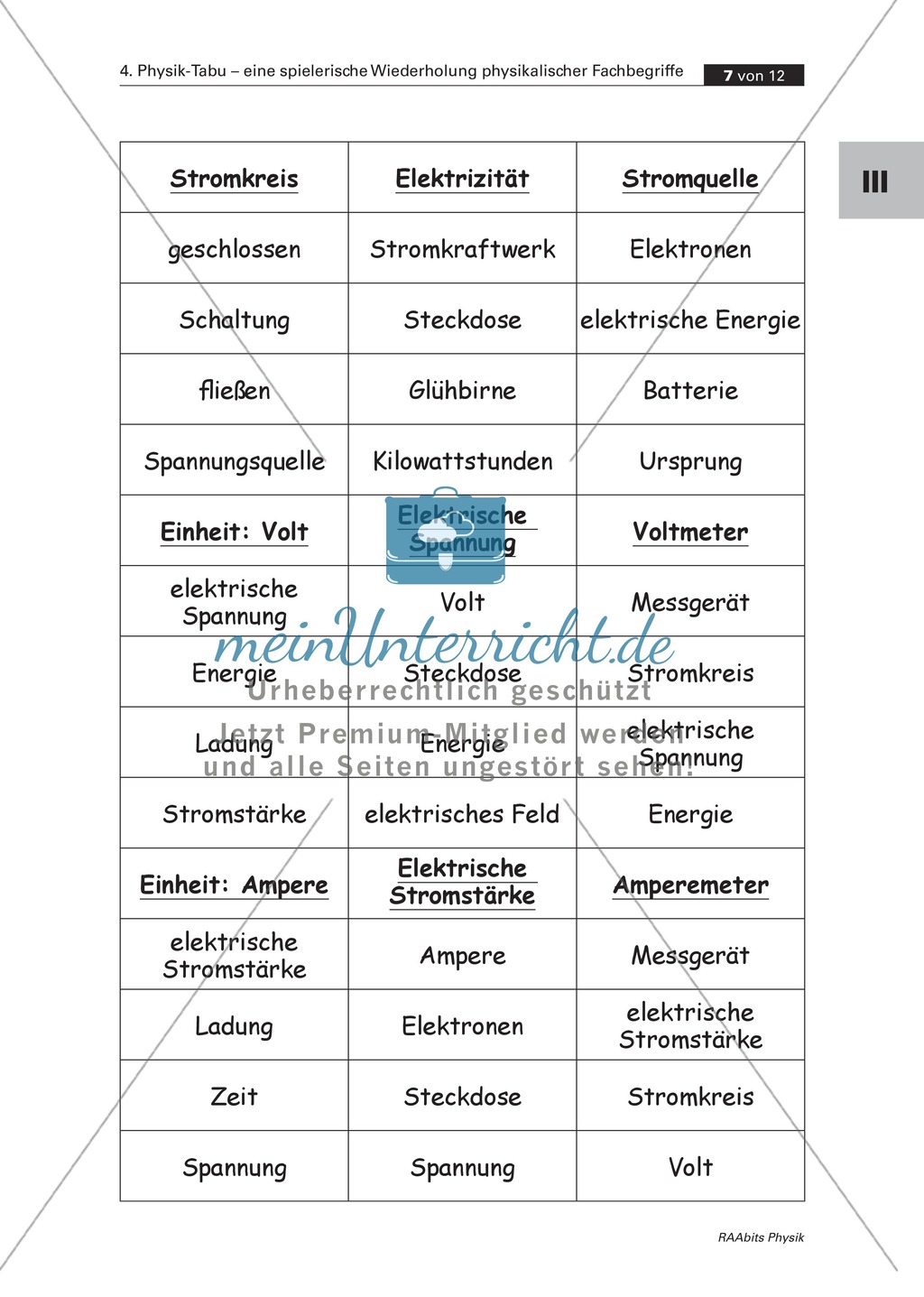 Tabuspiel zu Fachbegriffen der Optik, Akustik, Magnetismus, Elektrizitätslehre und Mechanik. Mit Spielanleitung und Kopiervorlagen. Preview 6