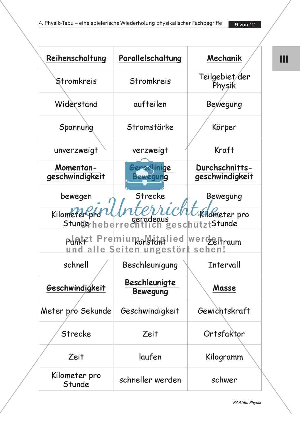 Tabuspiel zu Fachbegriffen der Optik, Akustik, Magnetismus, Elektrizitätslehre und Mechanik. Mit Spielanleitung und Kopiervorlagen. Preview 8