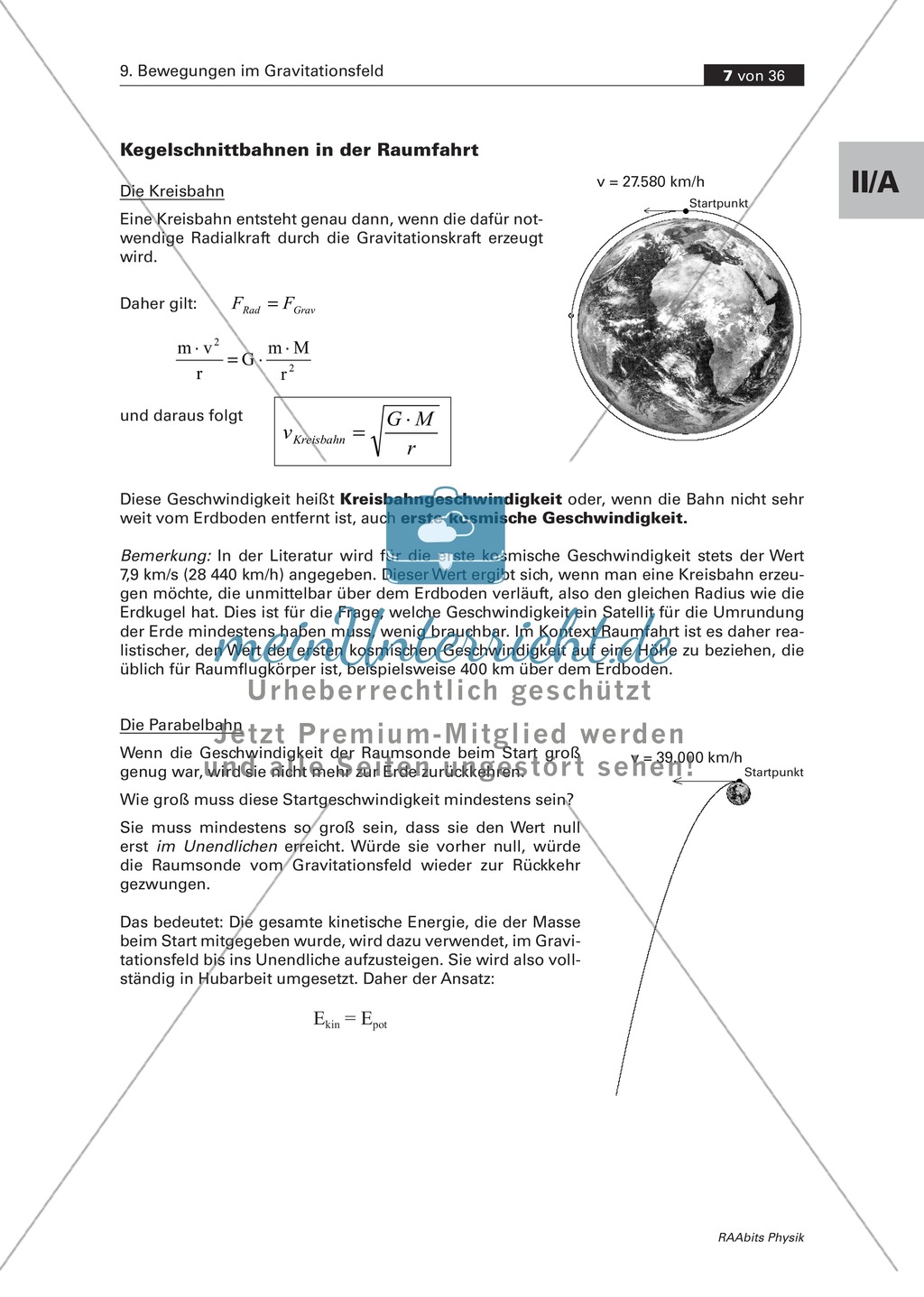 Bewegungen im Gravitationsfeld: Kegelschnittbahnen - Abhängigkeit der Bahnform von der Startgeschwindigkeit Preview 3