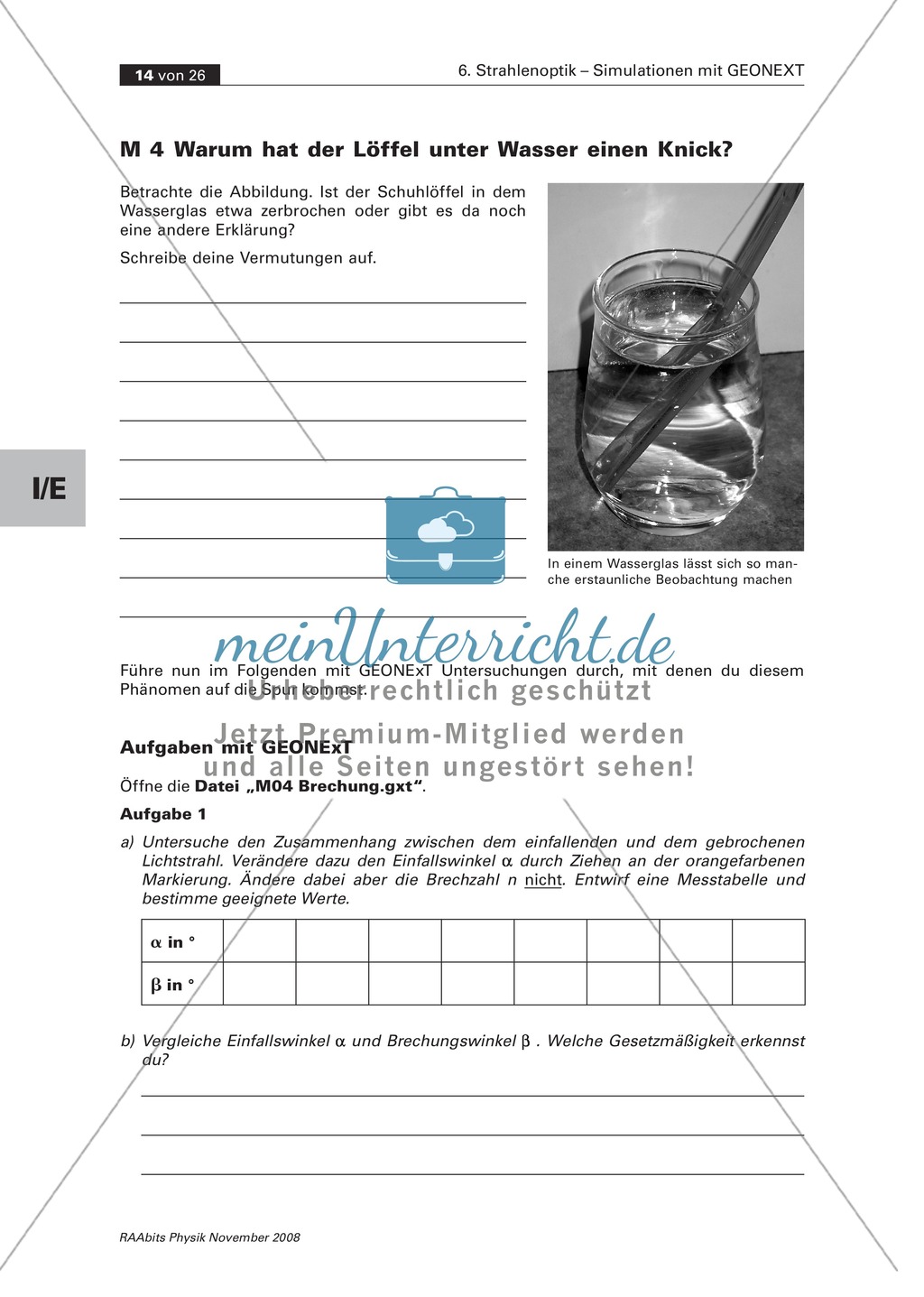 Strahlenoptik ? Simulationen mit GEONExT: Brechung + Verhalten der Lichtstrahlen im Experiment Preview 1