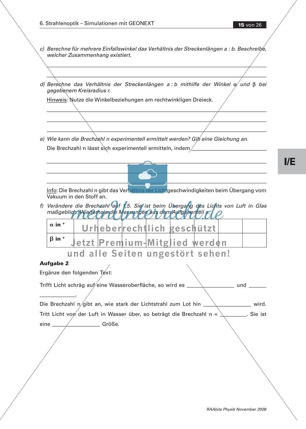 Strahlenoptik ? Simulationen mit GEONExT: Brechung + Verhalten der Lichtstrahlen im Experiment Preview 2