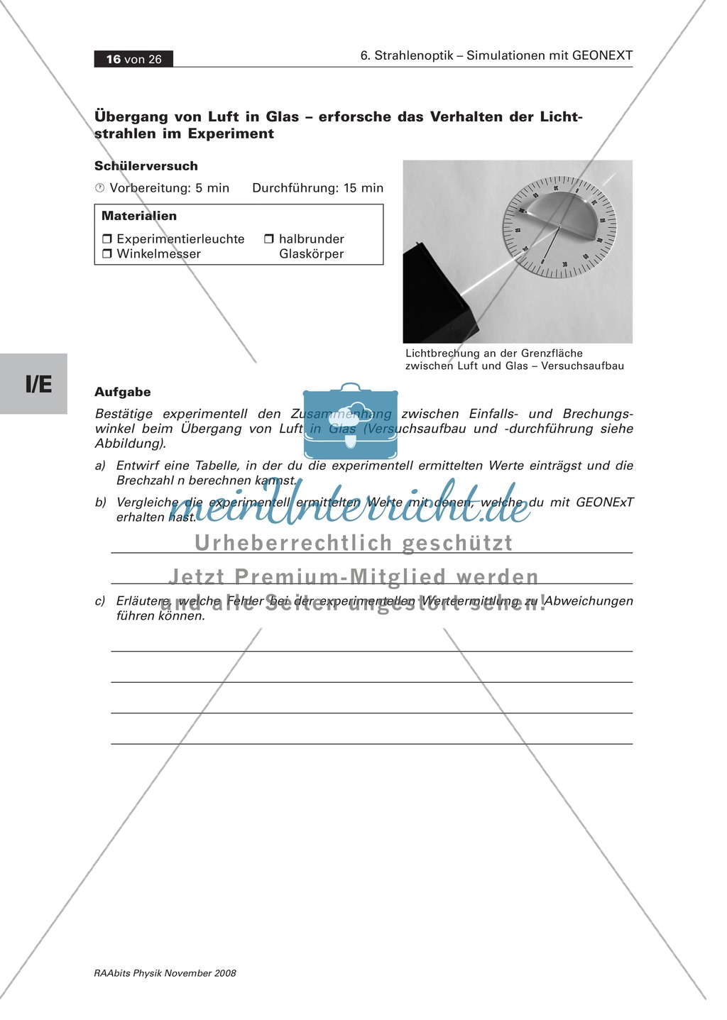 Strahlenoptik ? Simulationen mit GEONExT: Brechung + Verhalten der Lichtstrahlen im Experiment Preview 3
