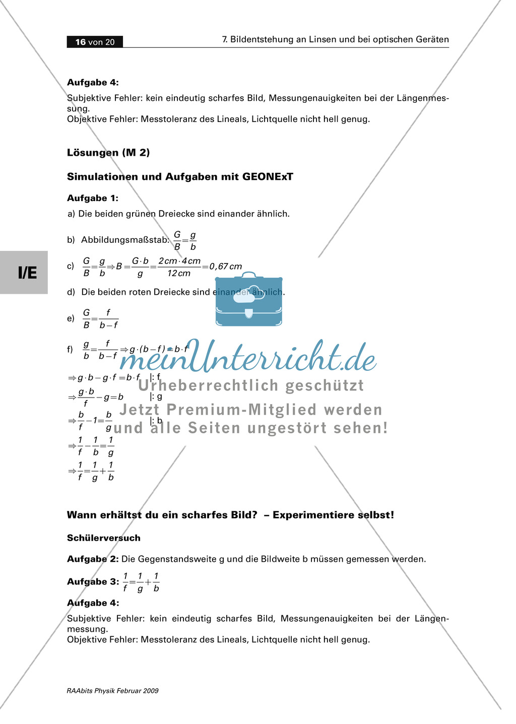 Die Bildentstehung bei Linsen, Auge, Kamera mit GEONExT simulieren und im Schülerversuch untersuchen. Mit Aufgaben und Lösungen. Preview 7