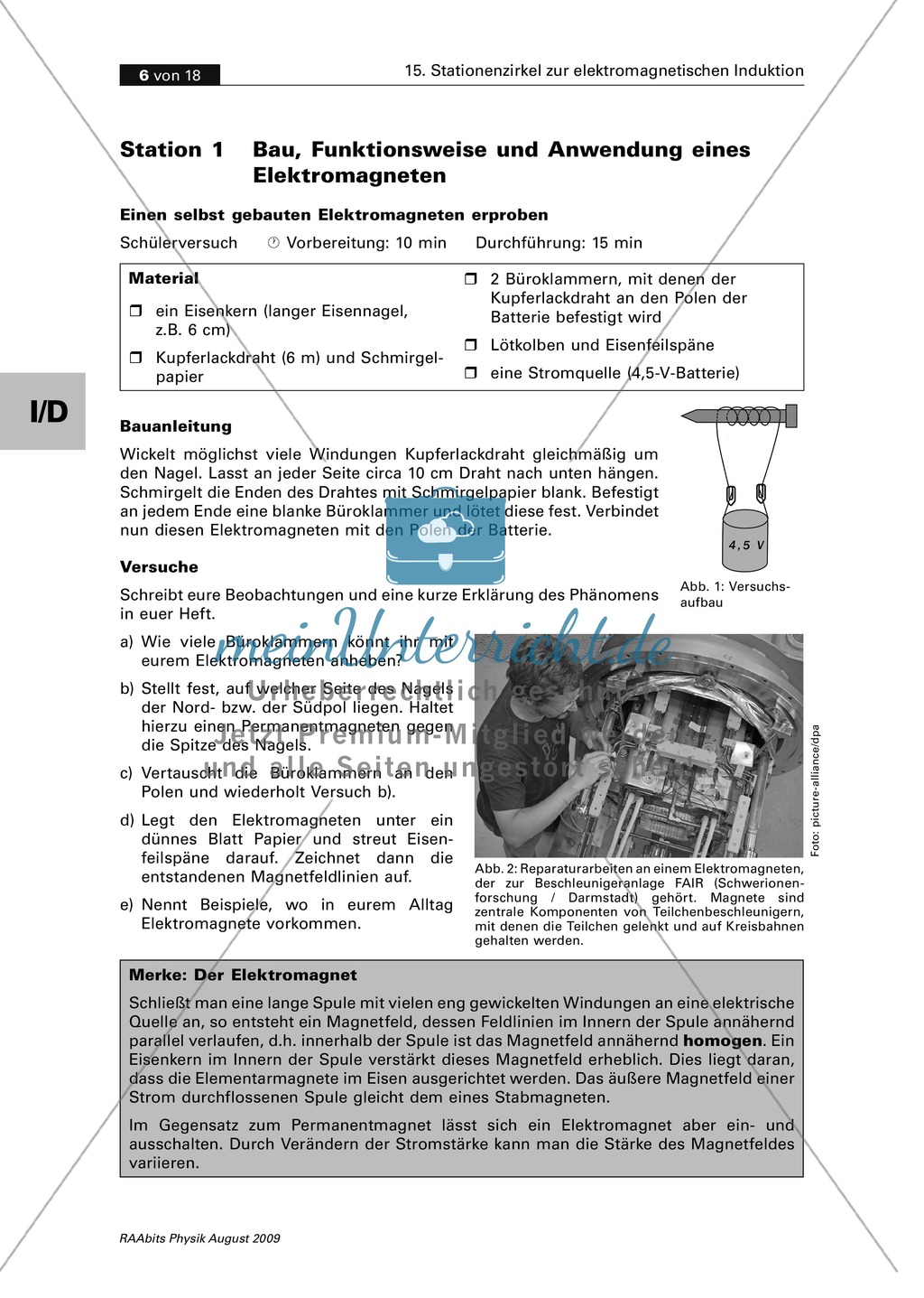 Elektrizitätslehre: Stationenlernen zum Thema elektromagnetische Induktion: Generator und Elektromotor. Mit Schülerversuchen, Aufgaben und Lösungen. Preview 3