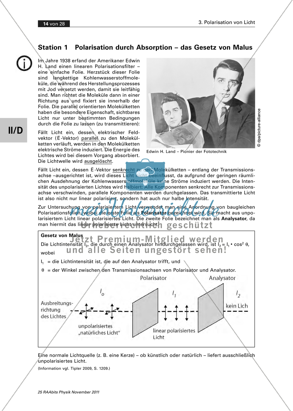 Polarisation von Licht: Polarisation durch Absorption - Das Gesetz von Malus + Experiment Preview 1