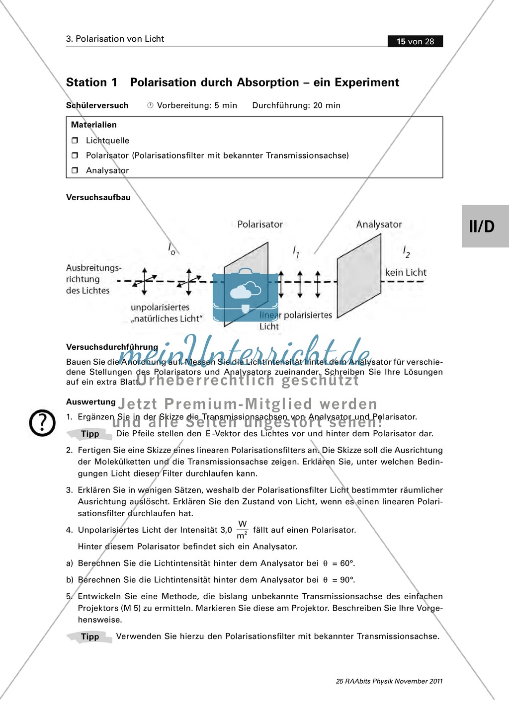 Polarisation von Licht: Polarisation durch Absorption - Das Gesetz von Malus + Experiment Preview 2