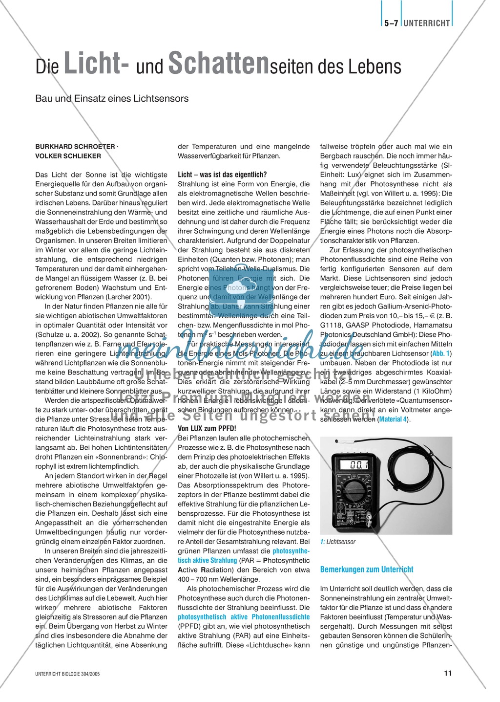 Licht und Schatten: Die Sonneneinstrahlung als Umweltfaktor für die Pflanzenwelt. Mit Bauanleitung für einen Lichtsensor. Preview 1