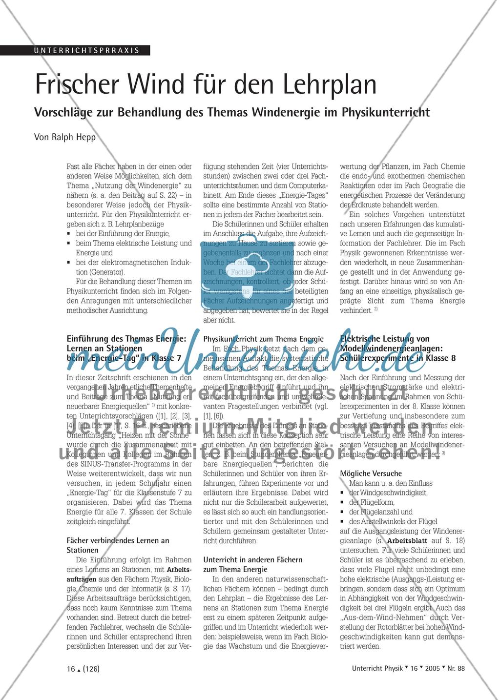 Frischer Wind für den Lehrplan - Vorschläge zur Behandlung des Themas Windenergie im Physikunterricht Preview 1