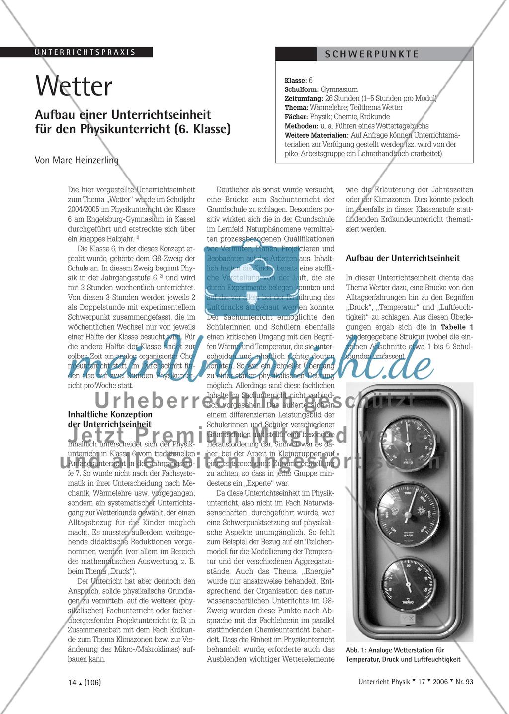 Wetter - Aufbau einer Unterrichtseinheit für den Physikunterricht (6. Klasse) Preview 1