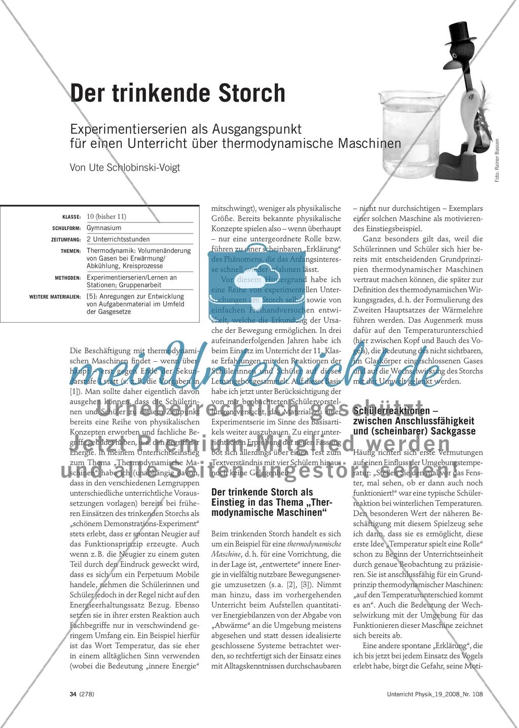 Der trinkende Storch - Experimentierserien als Ausgangspunkt für einen Unterricht über thermodynamischen Maschinen Preview 1