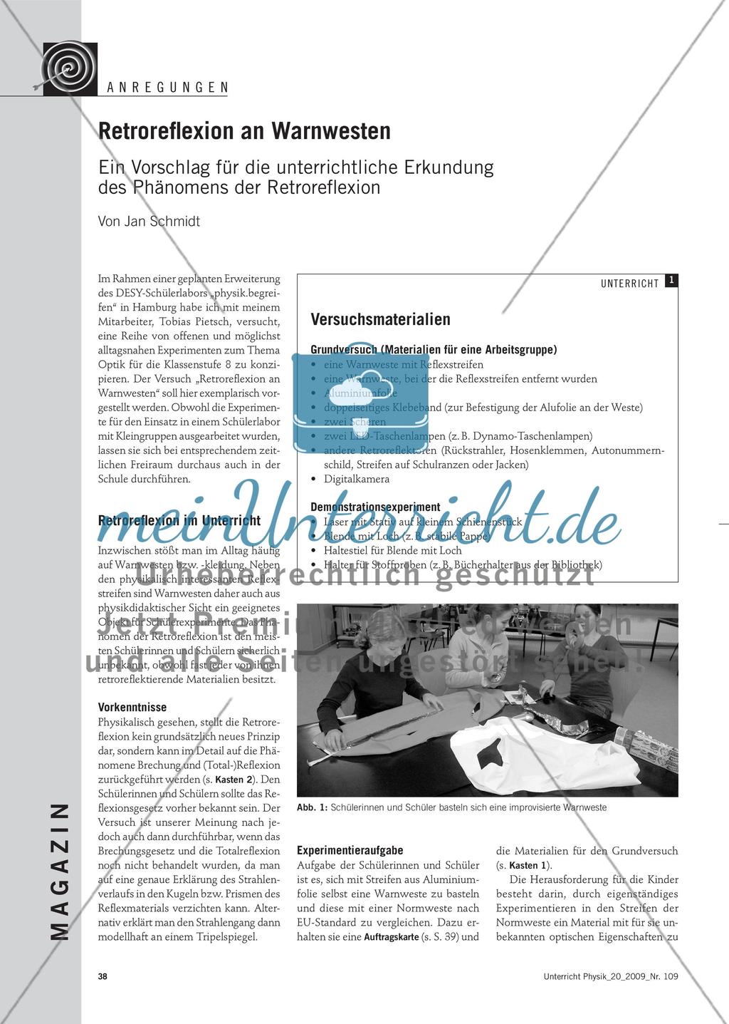 Retroreflexion an Warnwesten - Ein Vorschlag für die unterrichtliche Erkundung des Phänomens der Retroreflexion Preview 1