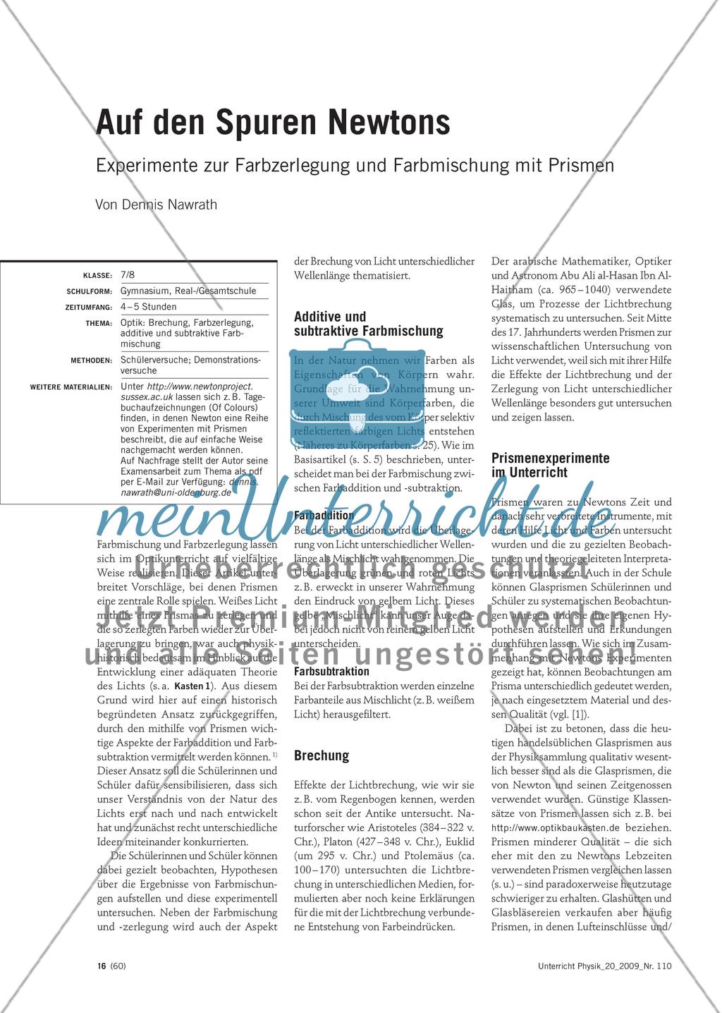 Auf den Spuren Newtons - Experimente zur Farbzerlegung und Farbmischung mit Prismen Preview 1