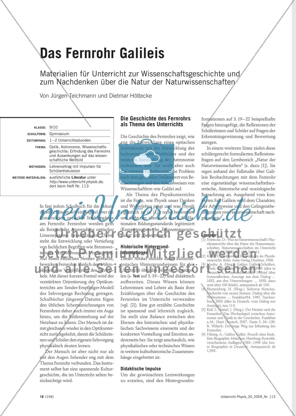 Das Fernrohr Galileis - Materialien für Unterricht zur Wissenschaftsgeschichte und zum Nachdenken über die Natur der Naturwissenschaften Preview 1