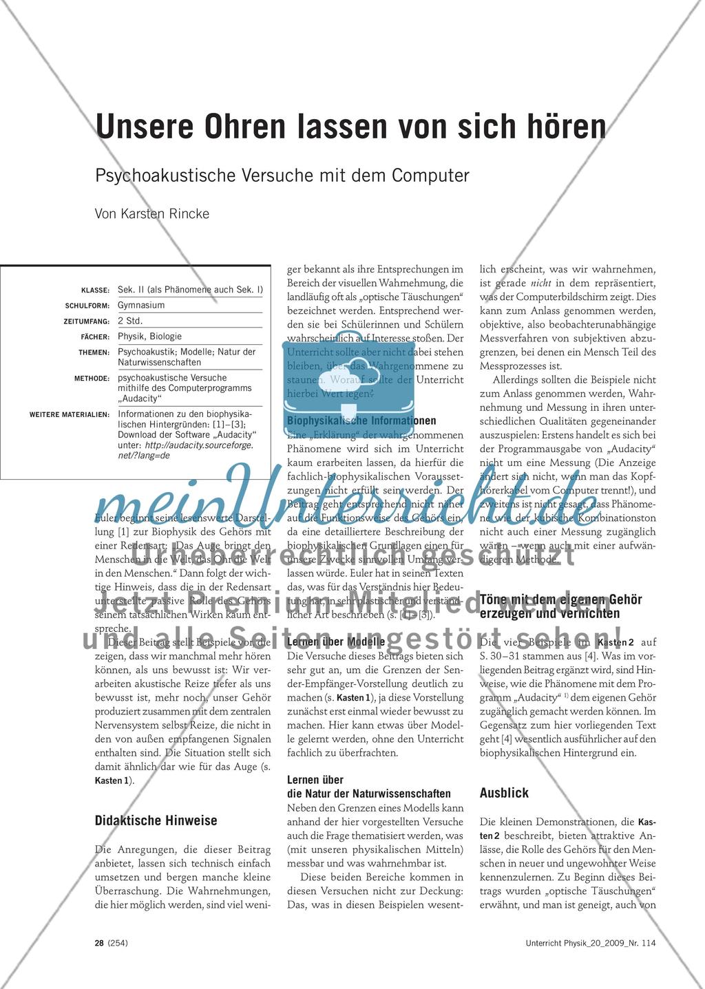 Unsere Ohren lassen von sich hören - Psychoakustische Versuche mit dem Computer Preview 1