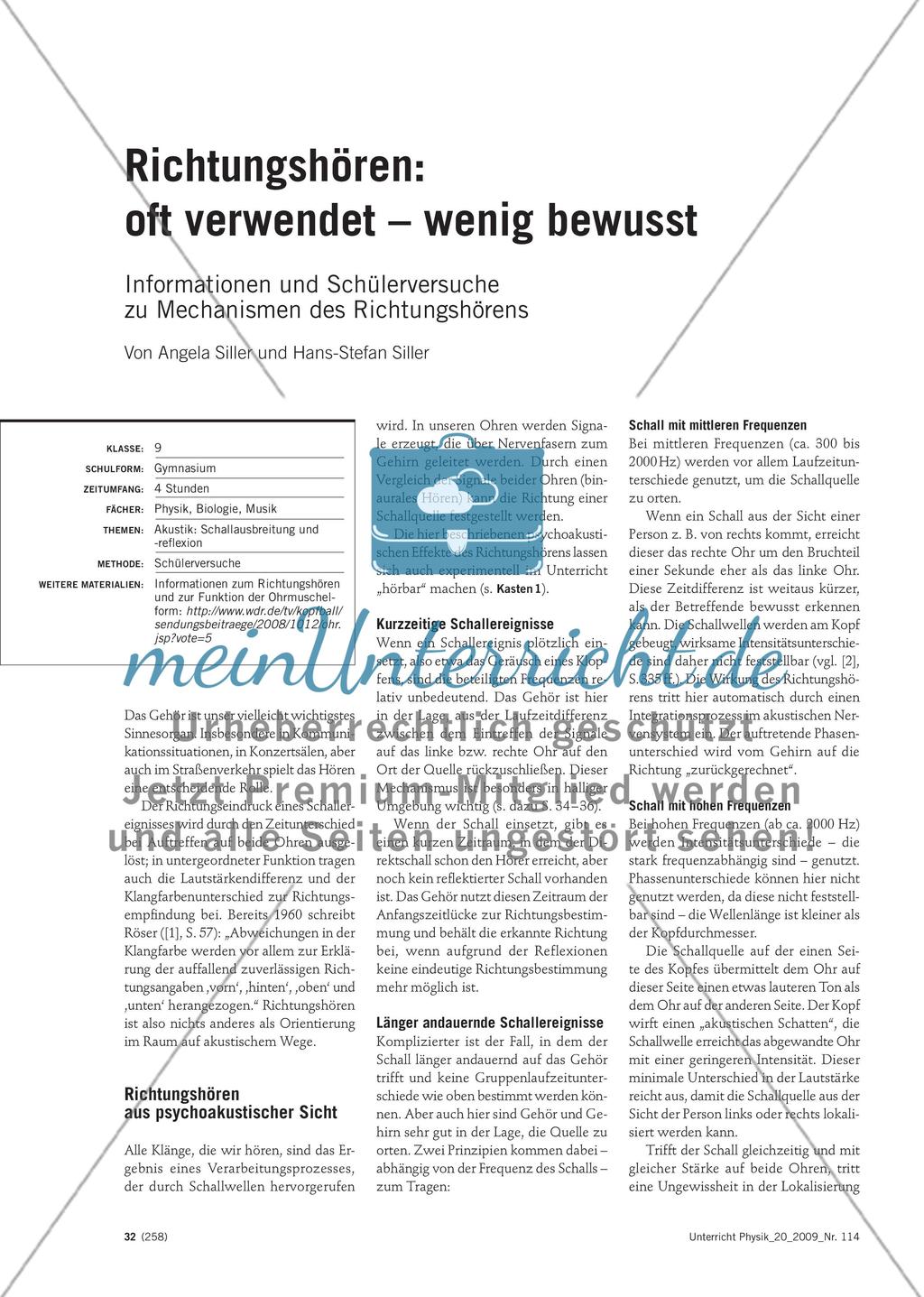 Richtungshören: oft verwendet – wenig bewusst - Informationen und Schülerversuche zu Mechanismen des Richtungshörens Preview 1