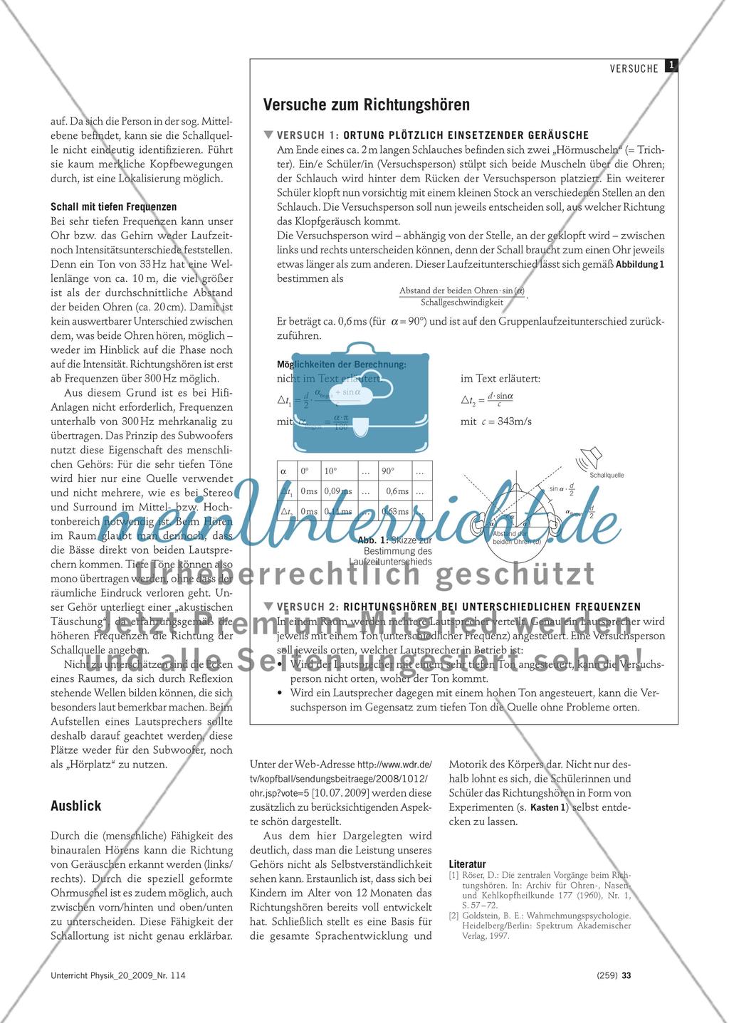 Richtungshören: oft verwendet – wenig bewusst - Informationen und Schülerversuche zu Mechanismen des Richtungshörens Preview 2