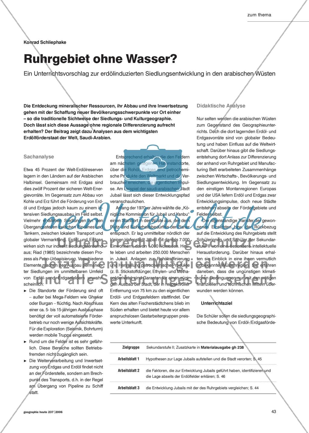 Ruhrgebiet ohne Wasser? - Ein Unterrichtsvorschlag zur erdölinduzierten Siedlungsentwicklung in den arabischen Wüsten Preview 1