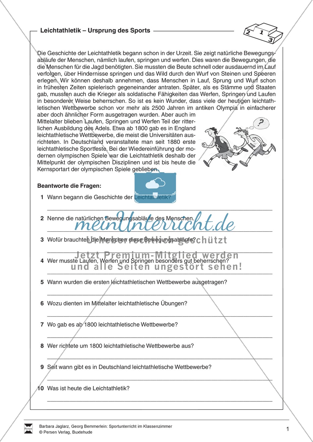 Arbeitsbögen zur Theorie und Geschichte der Leichtathletik für Sportunterricht im Klassenzimmer. Preview 1