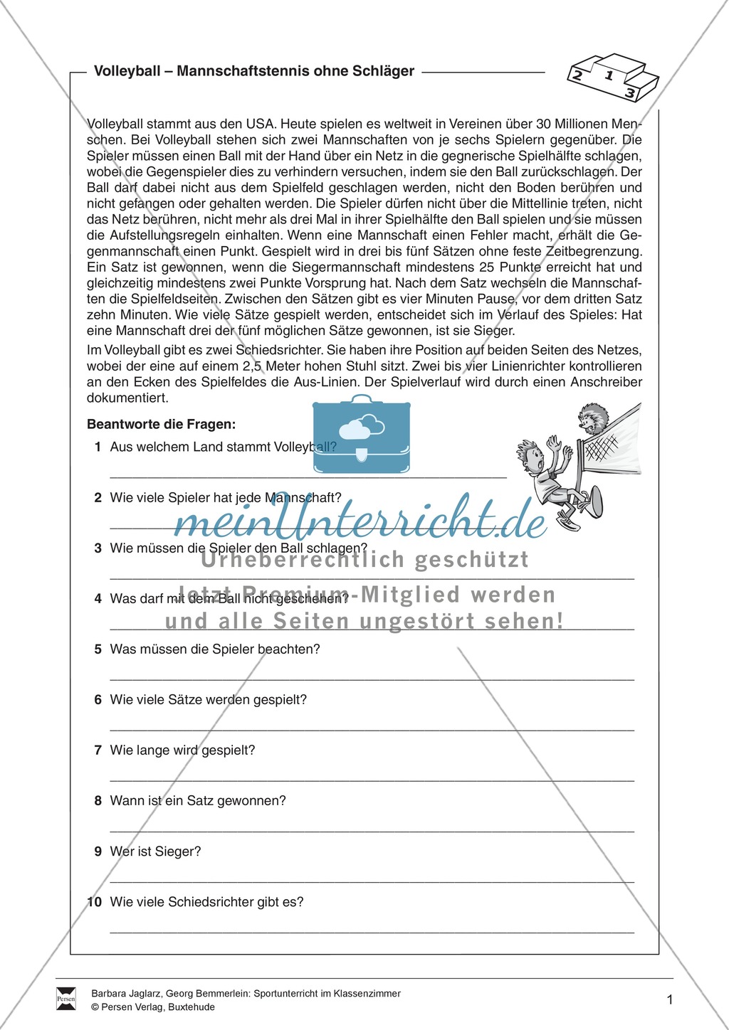 Volleyball: Sportunterricht im Kassenzimmer - Mit Arbeitsblättern in Quiz- und Testform zu theoretischen Fragen des Volleyballs. Preview 1
