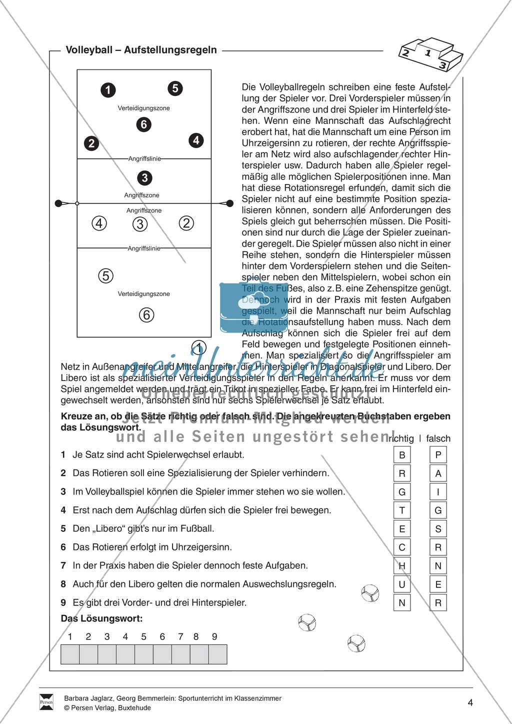 Volleyball: Sportunterricht im Kassenzimmer - Mit Arbeitsblättern in Quiz- und Testform zu theoretischen Fragen des Volleyballs. Preview 4