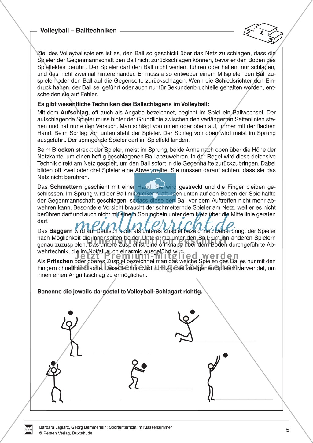 Volleyball: Sportunterricht im Kassenzimmer - Mit Arbeitsblättern in Quiz- und Testform zu theoretischen Fragen des Volleyballs. Preview 5
