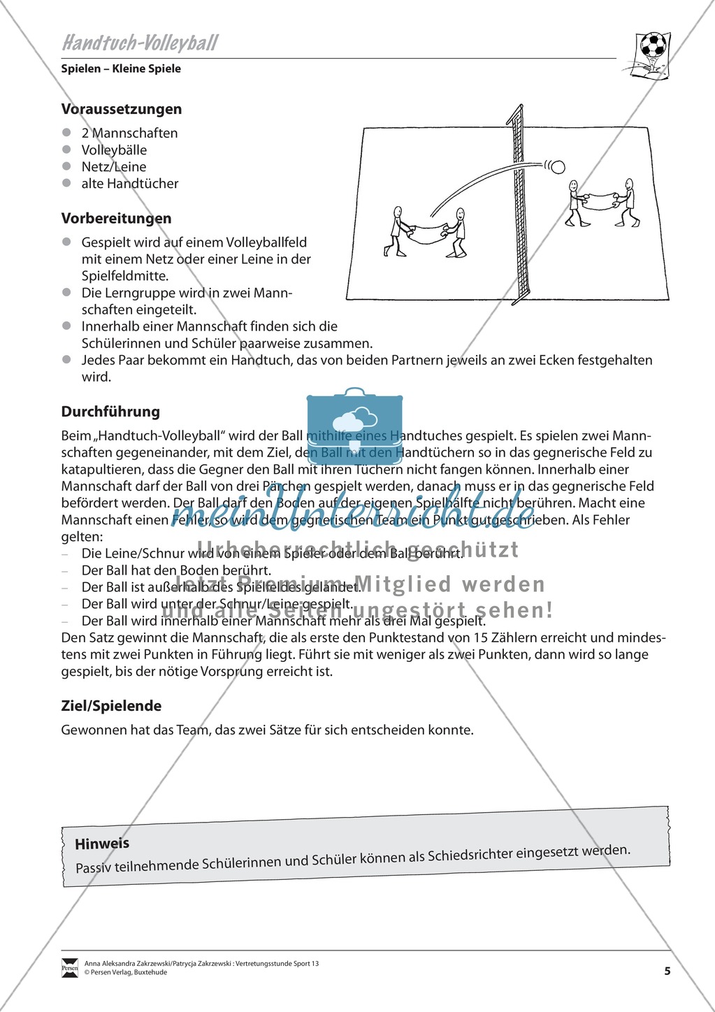 Verschiedene Ballspiele: Handtuch-Volleyball, Mattenvölkerball, Badminton-Burgball, Prellball Preview 1