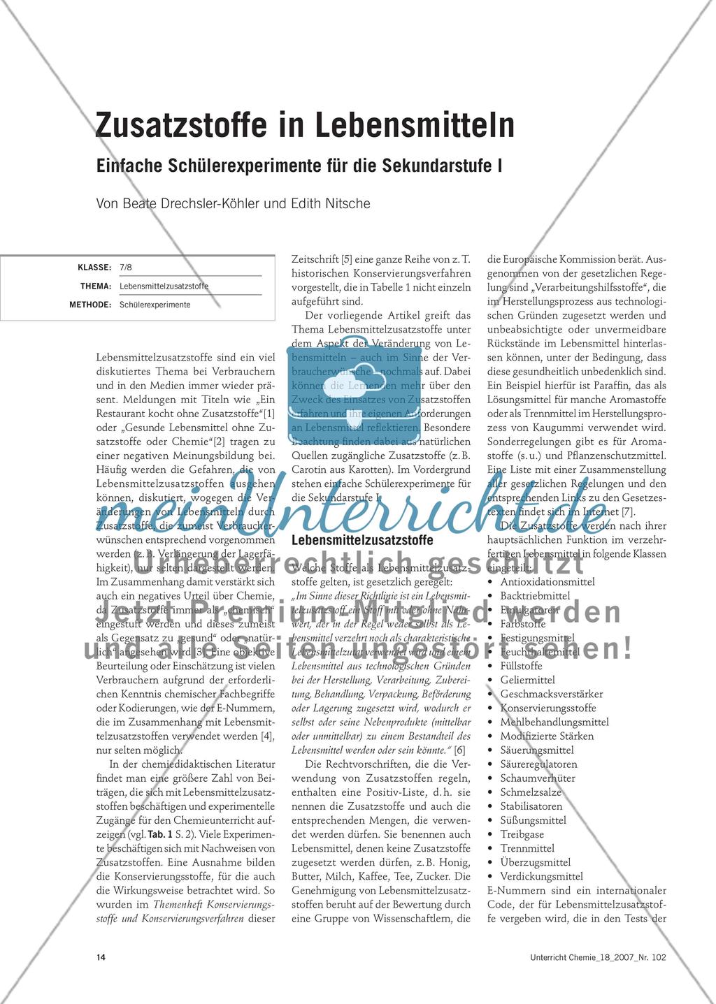 Zusatzstoffe in Lebensmitteln - Einfache Schülerexperimente für die Sekundarstufe I Preview 1