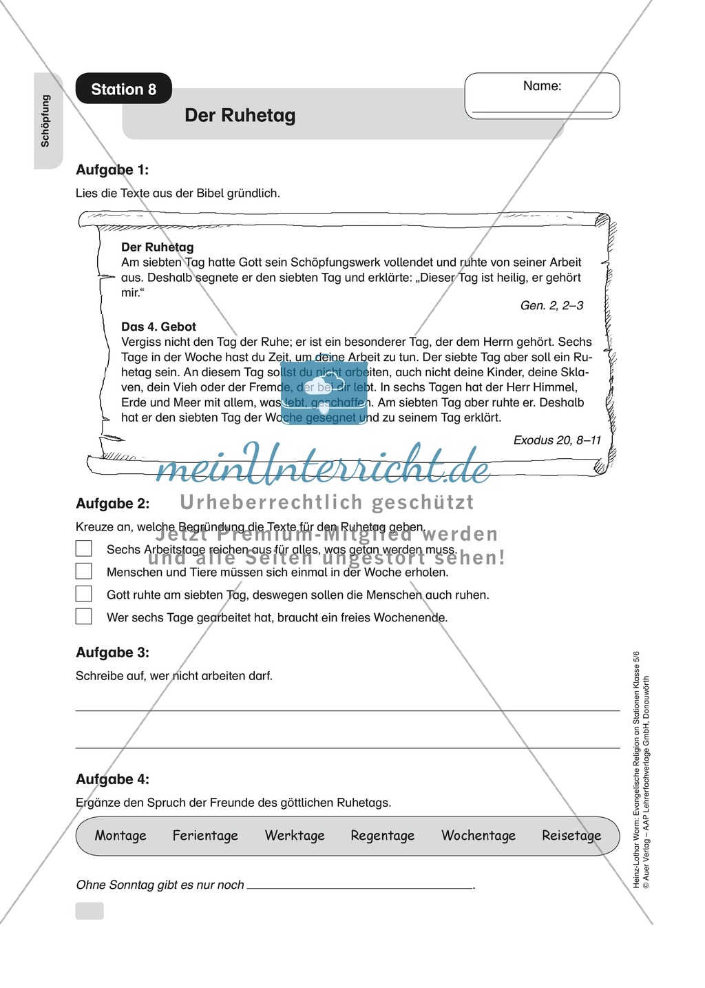 Schöpfung: Der Ruhetag. Arbeitsmaterial mit Erläuterungen Preview 1