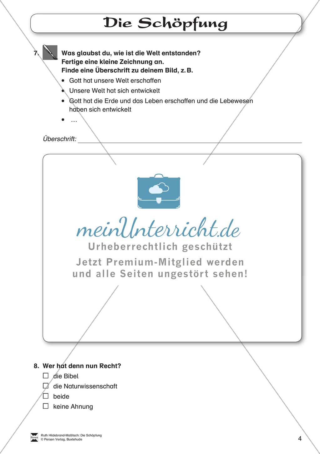 Die Schöpfung: Fragebogen zum Wissensstand der Schüler Preview 4
