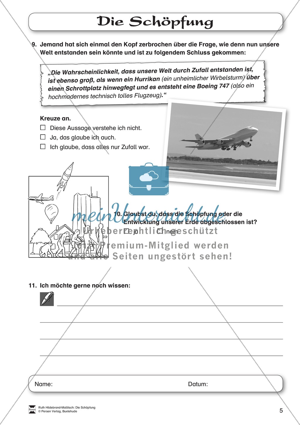 Die Schöpfung: Fragebogen zum Wissensstand der Schüler Preview 5