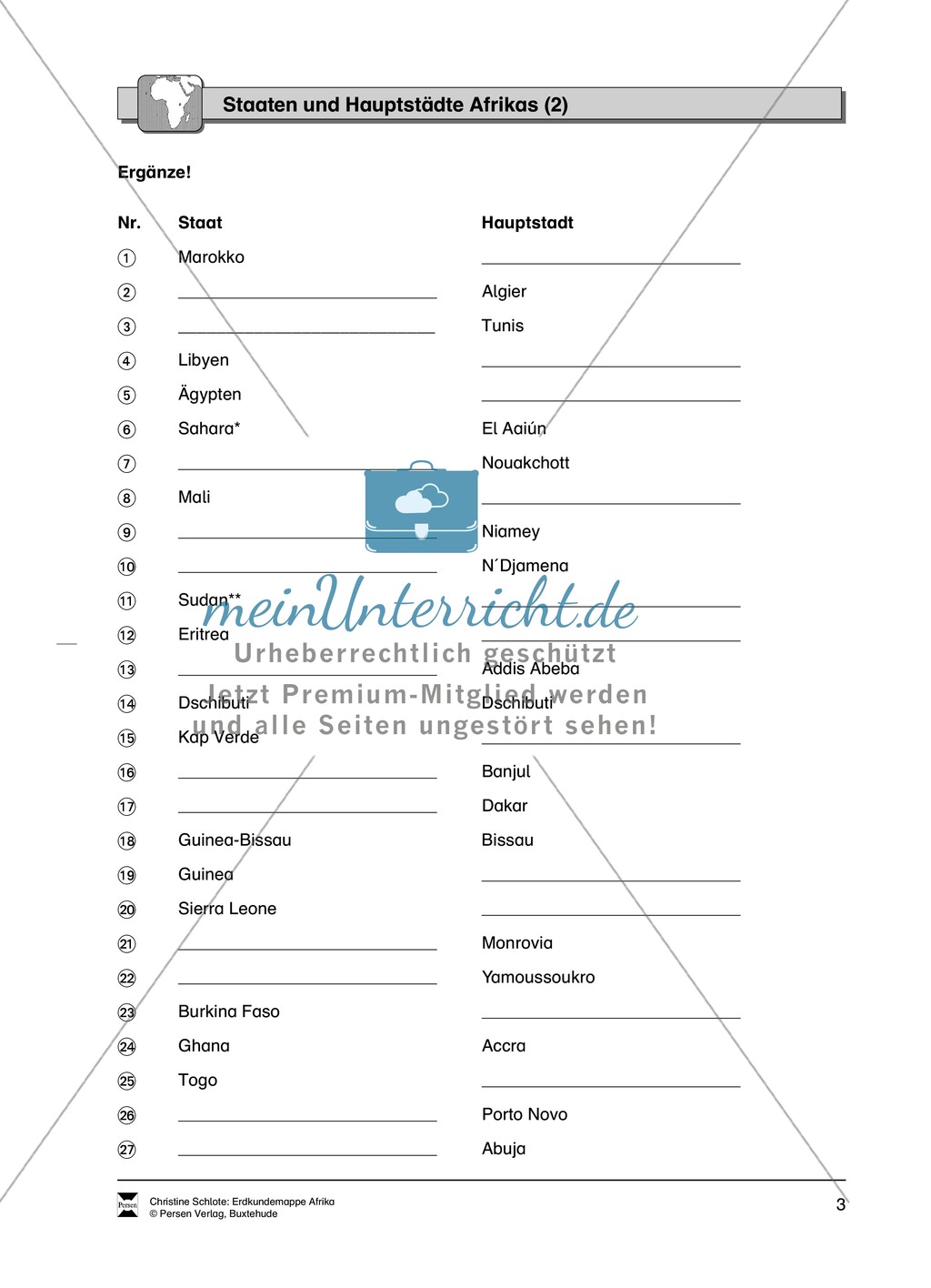 Kopiervorlage zu einer Übersicht über den Kontinent Afrika: Lückentexte, Rätsel und Karten zu Topographie + Staaten + Hauptstädten Preview 3