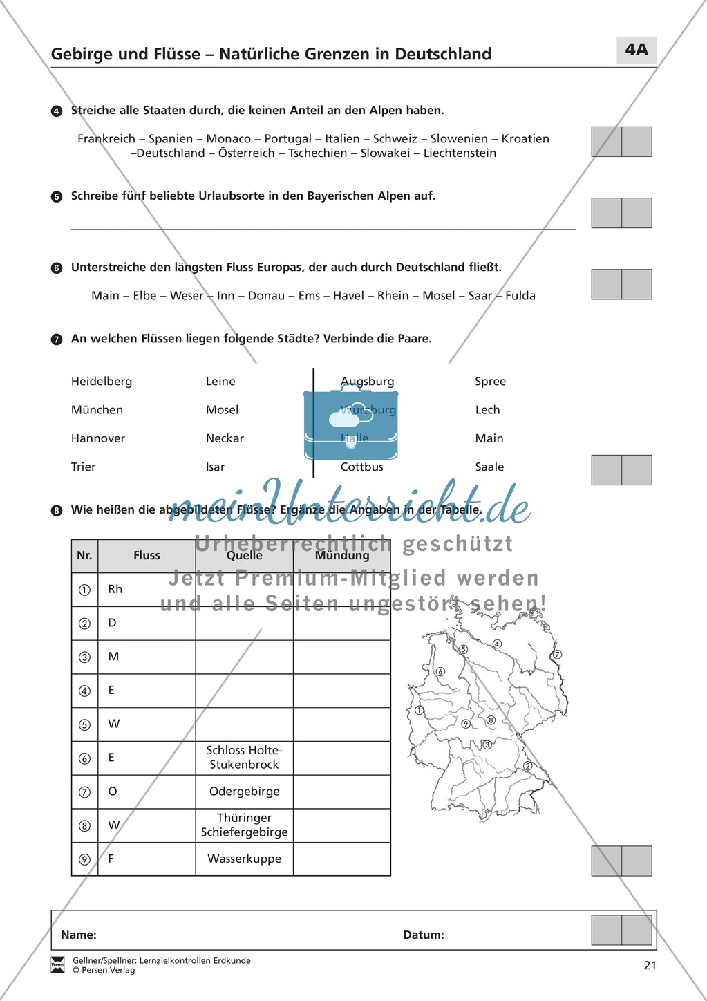 Lernzielkontrollen zur Topographie und Geomorphologie Deutschlands: Topographie Deutschlands + Küsten + Gebirge und Flüsse Preview 16