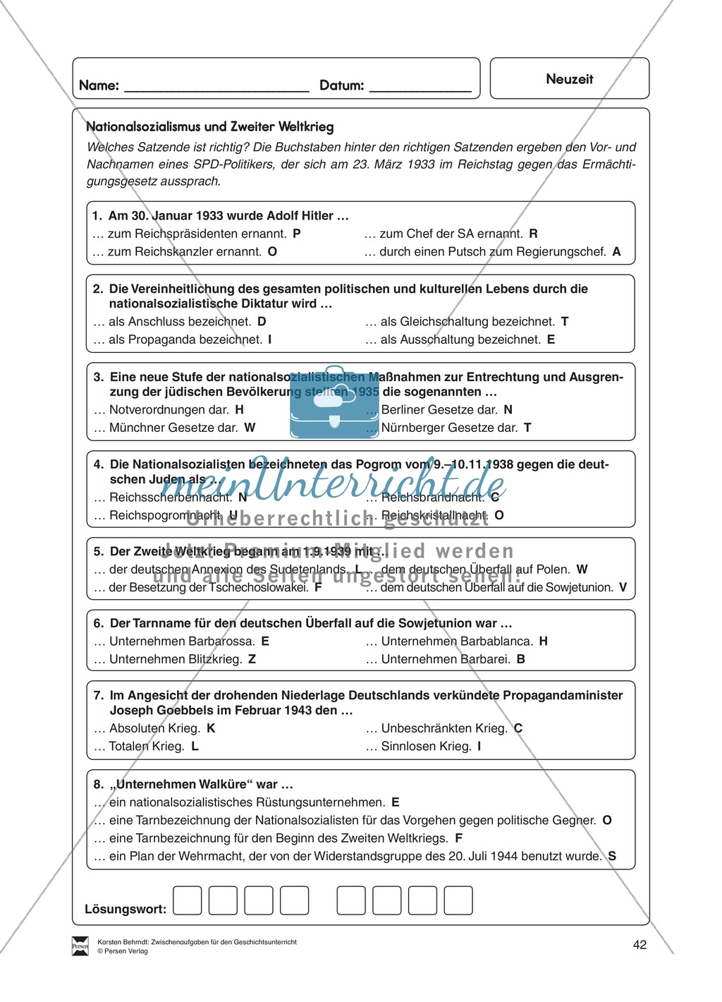 Multiple-Choice Rätsel zum Nationalsozialismus und Zweiten Weltkrieg Preview 1